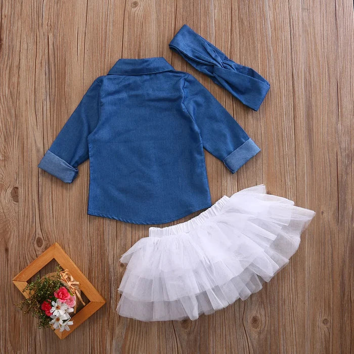 3PCS Baby Girl Summer Outfit Set – Denim Top, Tutu Skirt & Headband for Toddlers (0-5Y)