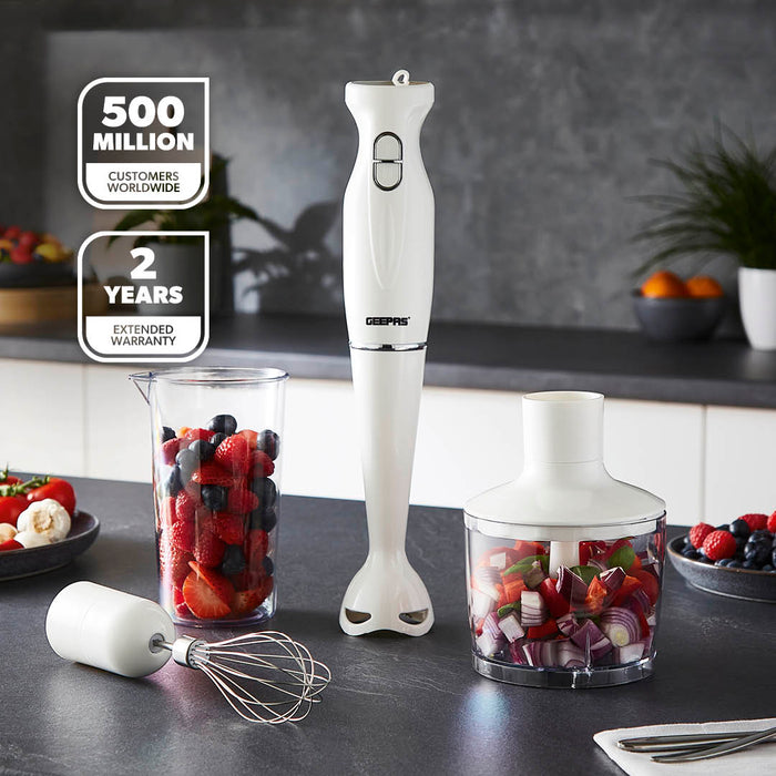 4-in-1 White Hand Blender With Electric Whisk, Chopper & 600ml Beaker