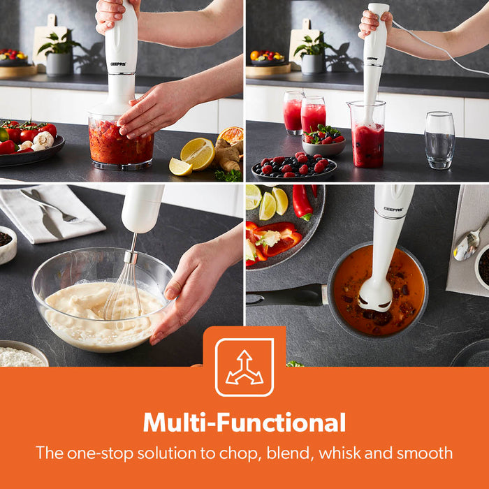 4-in-1 White Hand Blender With Electric Whisk, Chopper & 600ml Beaker