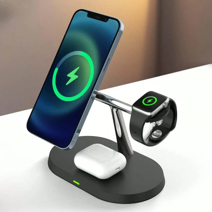 Charging stand with phone, watch, and earbud charging capabilities.