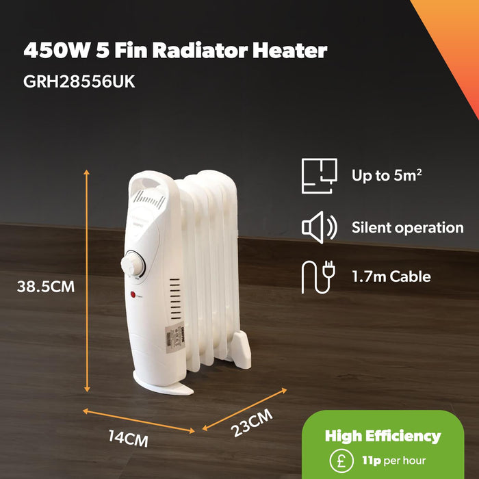5-Fin White Oil-Filled Radiator 450W Electric Heater
