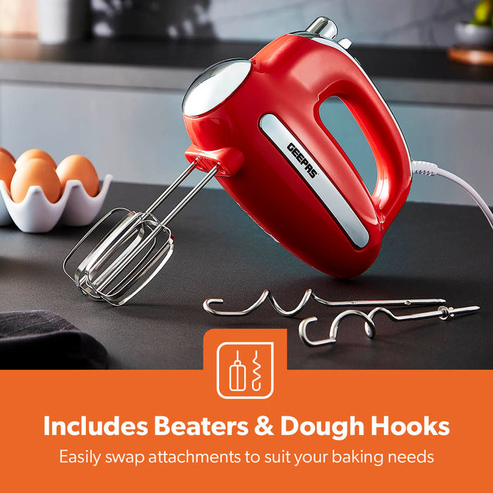 5-Speed Red and Chrome Retro Hand Mixer and Whisk