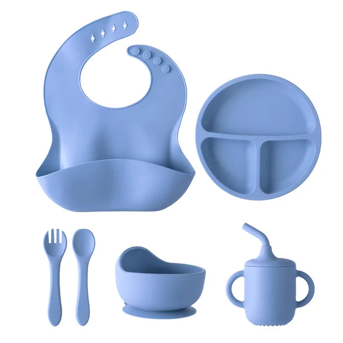 6-Piece Silicone Baby Feeding Set – Suction Bowl, Divided Plate, Straw Cup, Adjustable Bib & Spoon for Toddlers