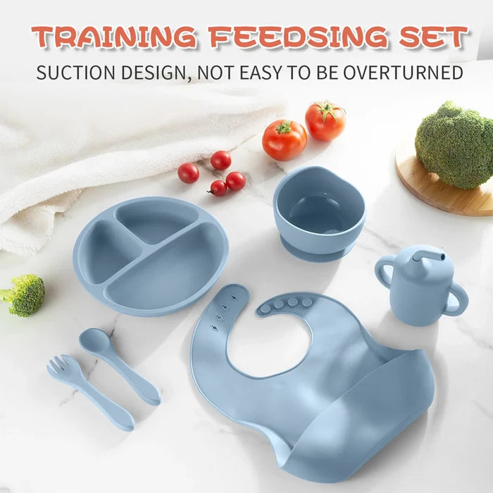 6-Piece Silicone Baby Feeding Set – Suction Bowl, Divided Plate, Straw Cup, Adjustable Bib & Spoon for Toddlers