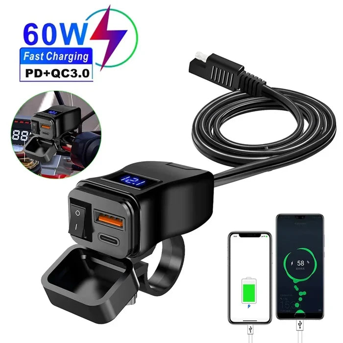 Motorcycle handlebar USB charger.