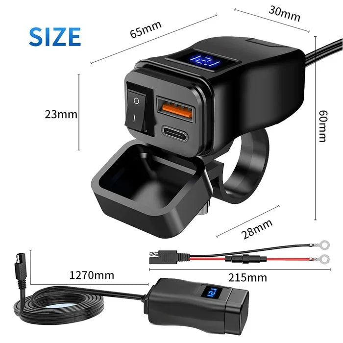Black motorcycle handlebar USB charger with voltmeter.