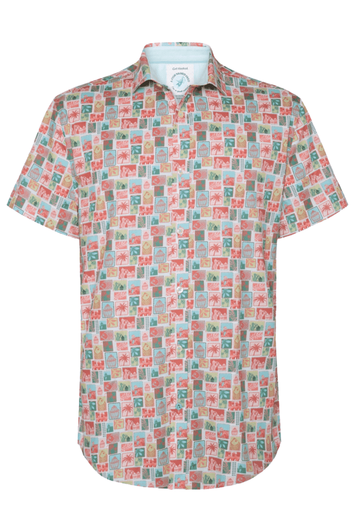 A Fish Named Fred 31.068 Short Sleeve Men's Shirt Rose Pink Stamps - Dotique