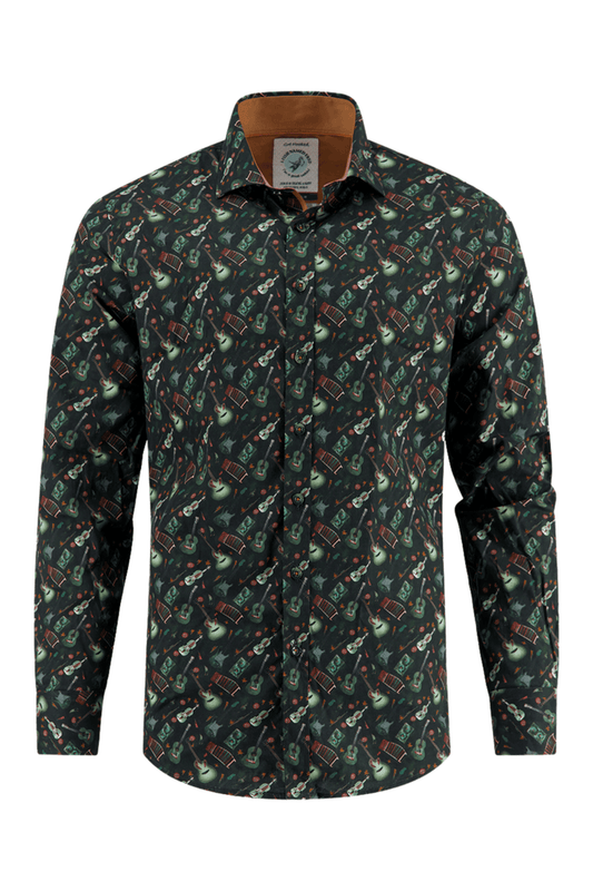 Long-sleeve shirt with guitar pattern on a white background. A Fish Named Fred 32.004 Men's Shirt Various Guitars Dark green