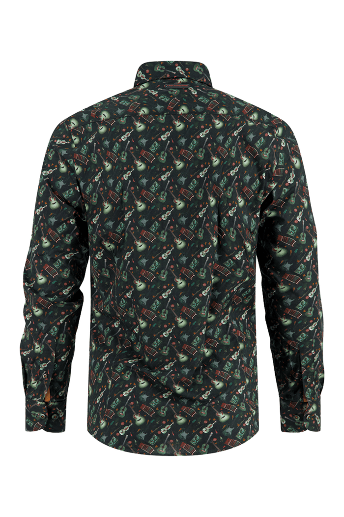 Long-sleeve Men's shirt with guitar pattern on a white background