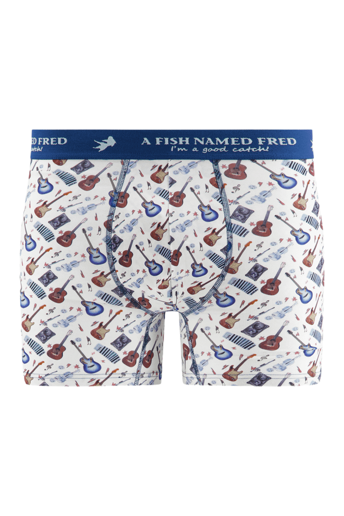 Boxer briefs with guitar pattern and 'A Fish Named Fred' branding on a white background