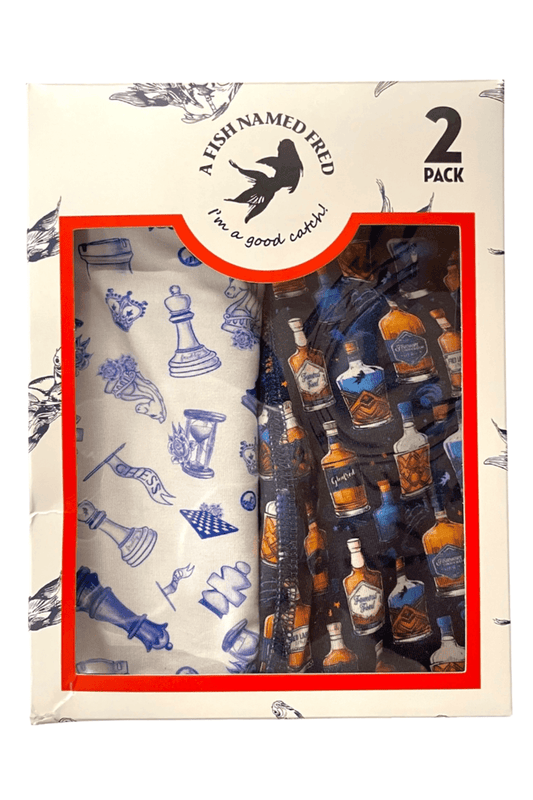 Two-pack of patterned fabric swatches in a decorative box with 'A Fish Named Fred' branding.
