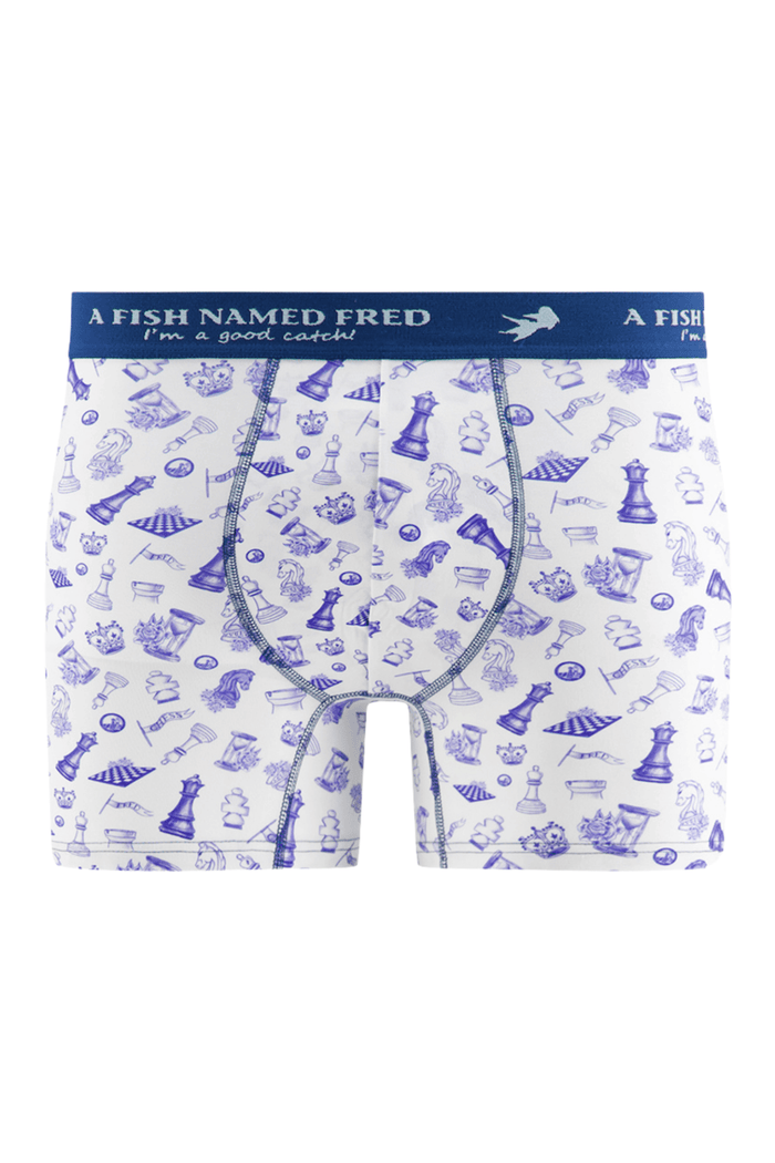 Boxer briefs with chess piece pattern and 'A Fish Named Fred' branding on a white background