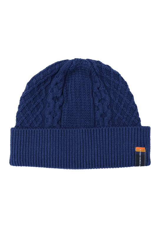 Blue knit men's beanie with a brand tag on a white background