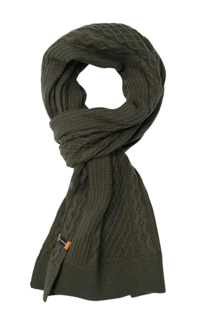 Complete your cold-weather look with this dark green cable knit scarf by A Fish Named Fred.
