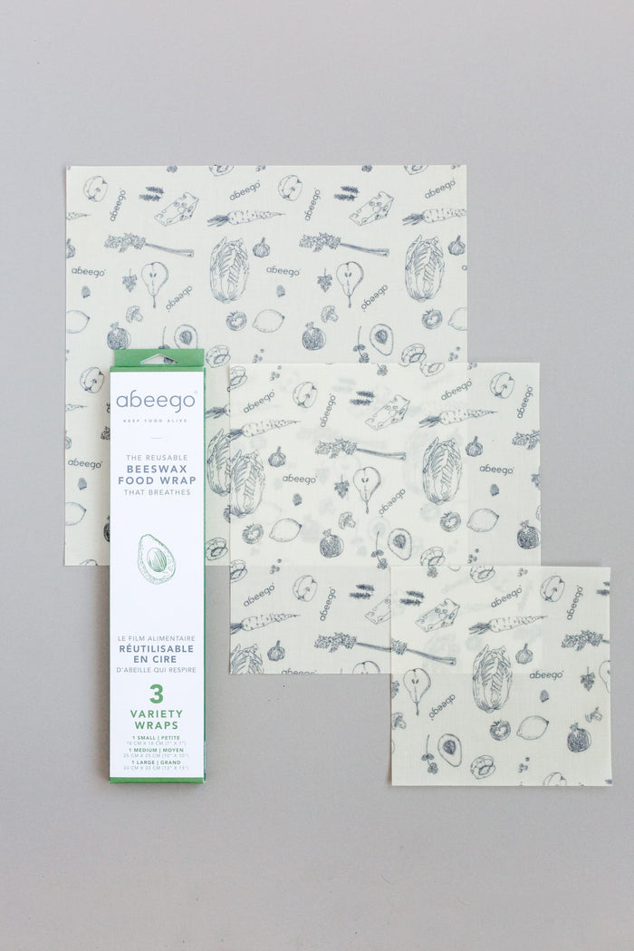 abeego variety pack is a reusable alternative to plastic wrap. wrap vegtables, fruit, sandwiches and cover food containers