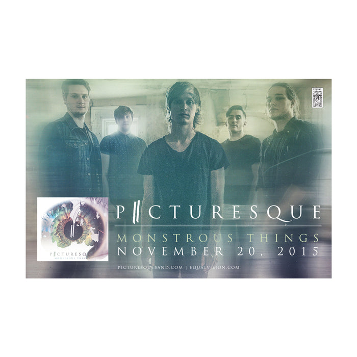 Five men stand together in a misty, blue-green scene. Text: Picturesque – Monstrous Things – November 20, 2015. An eye-catching album poster and brand name "Picturesque" appear at the bottom as bold music wall art.
