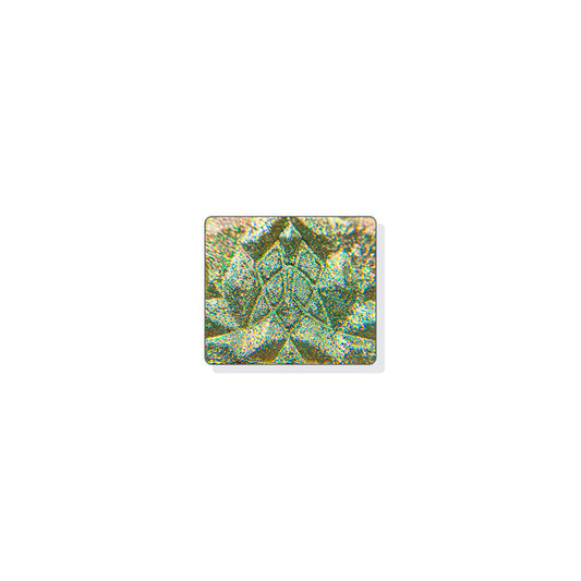 A single multichrome eyeshadow in colour Alloy on a white background. A multidimensional shadow with a soft taupe base intermixed with green, silver and red medium/large sized particles and a subtle aqua shift.