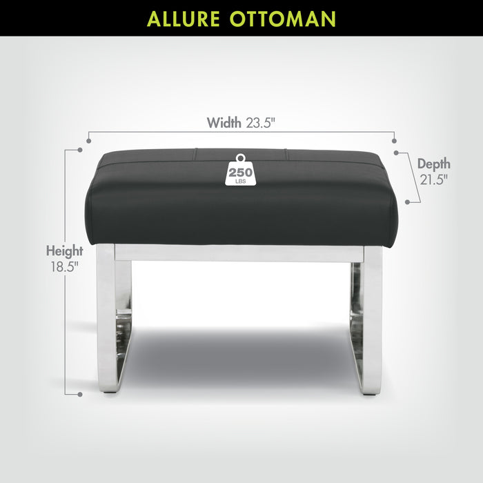 Allure Modern Rectangular Ottoman in Blended Leather, Chrome / Black 70223