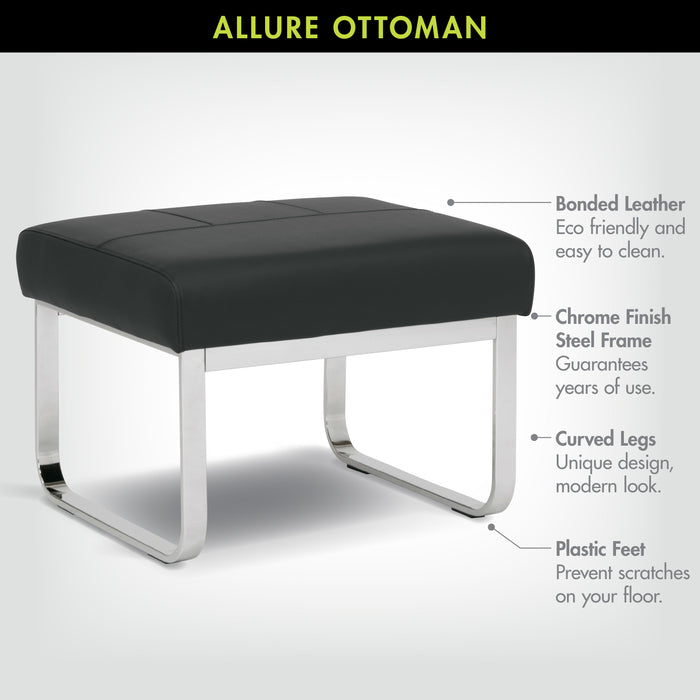 Allure Modern Rectangular Ottoman in Blended Leather, Chrome / Black 70223