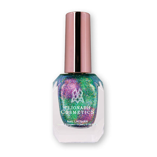 Bottle of nail polish containing Amp Nail Lacquer on a white background.