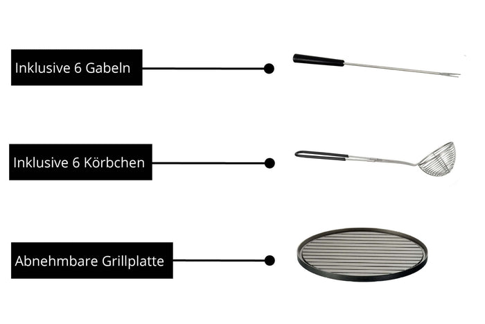 Das Unold Asia-Fondue umfasst drei Zubehörteile: eine langstielige Gabel (inklusive 6 Gabeln), einen Drahtabschäumer (inklusive 6 Körbchen) und eine abnehmbare runde Grillplatte.