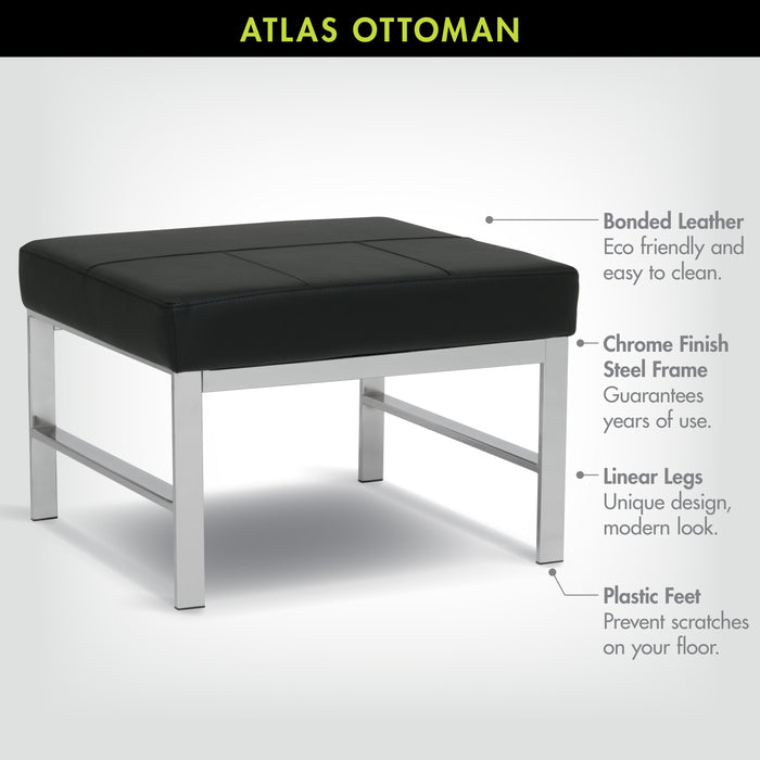 Atlas Mid Century Modern Square Ottoman Blended Leather, Chrome / Black 72154