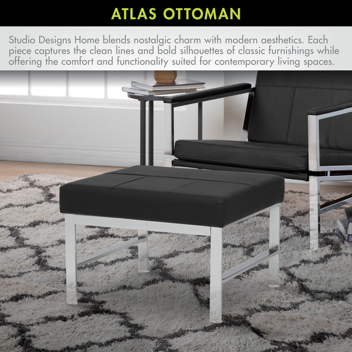 Atlas Mid Century Modern Square Ottoman Blended Leather, Chrome / Black 72154