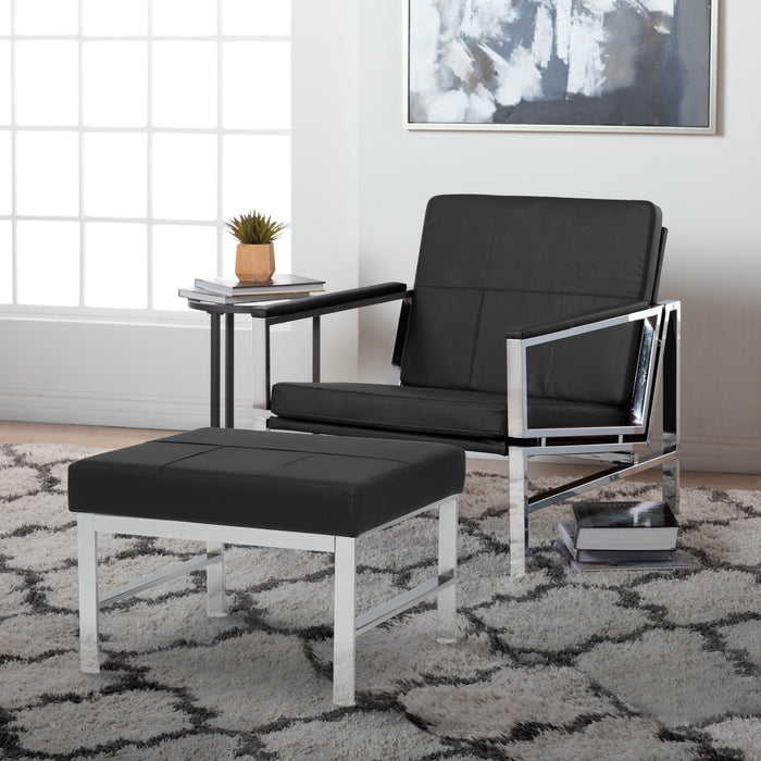 Atlas Mid Century Modern Square Ottoman Blended Leather, Chrome / Black 72154