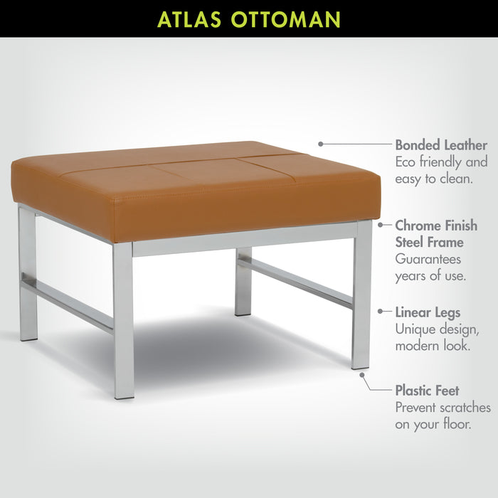Atlas Mid Century Modern Square Ottoman Blended Leather, Chrome / Caramel 72153