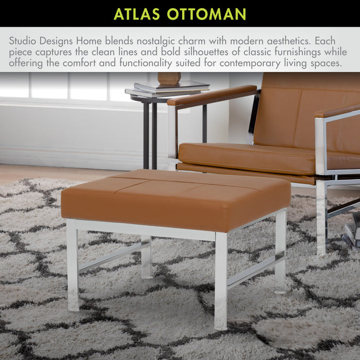 Atlas Mid Century Modern Square Ottoman Blended Leather, Chrome / Caramel 72153