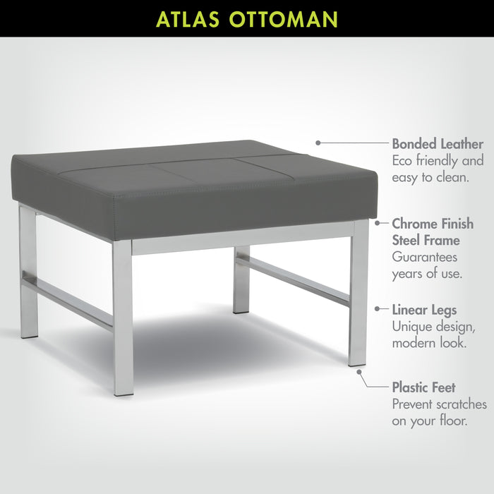 Atlas Mid Century Modern Square Ottoman Blended Leather, Chrome / Smoke 72155