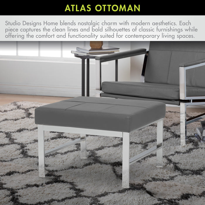 Atlas Mid Century Modern Square Ottoman Blended Leather, Chrome / Smoke 72155