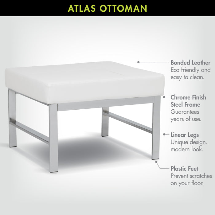 Atlas Mid Century Modern Square Ottoman Blended Leather, Chrome / White 72156