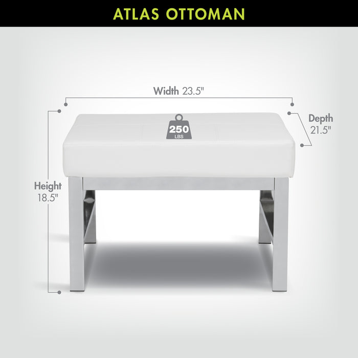 Atlas Mid Century Modern Square Ottoman Blended Leather, Chrome / White 72156