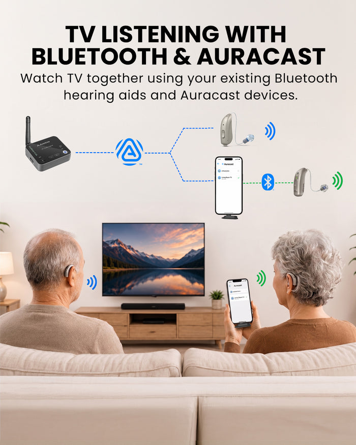 Aura C BYOD Auracast Receiver for Phones, ideal for TV, churches, conferences, and venues. Join Auracast audio using Bluetooth hearing aids and Auracast devices.