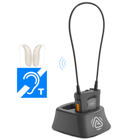 AuraCoil Auracast Receiver with Neckloop for T-Coil hearing aids, ideal for churches, theaters, museums, senior centers, tours, and public listening.