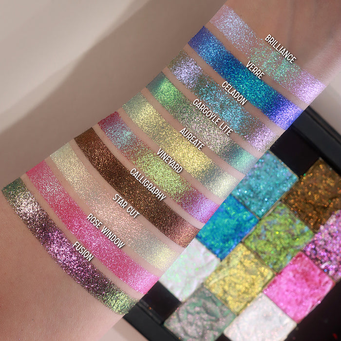 Arm swatches of Aureate as well as the other 9 Holiday Countdown Box shadows on fair skin tone.