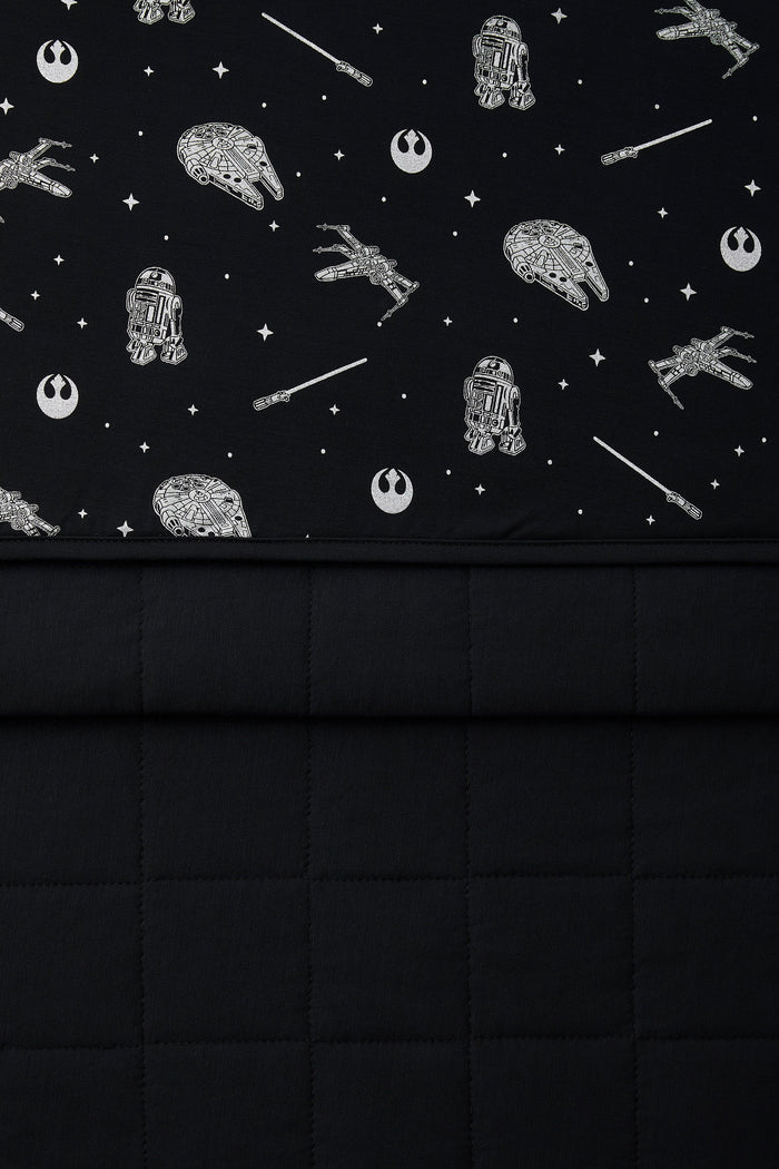 Close up of the Baby Blanket in STAR WARS™ showing the quilted black backing and smooth printed top layer