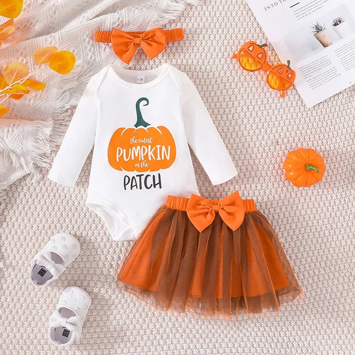 Baby Girl Halloween Outfit Set – Pumpkin Print Romper, Tulle Skirt & Headband (0–24M)