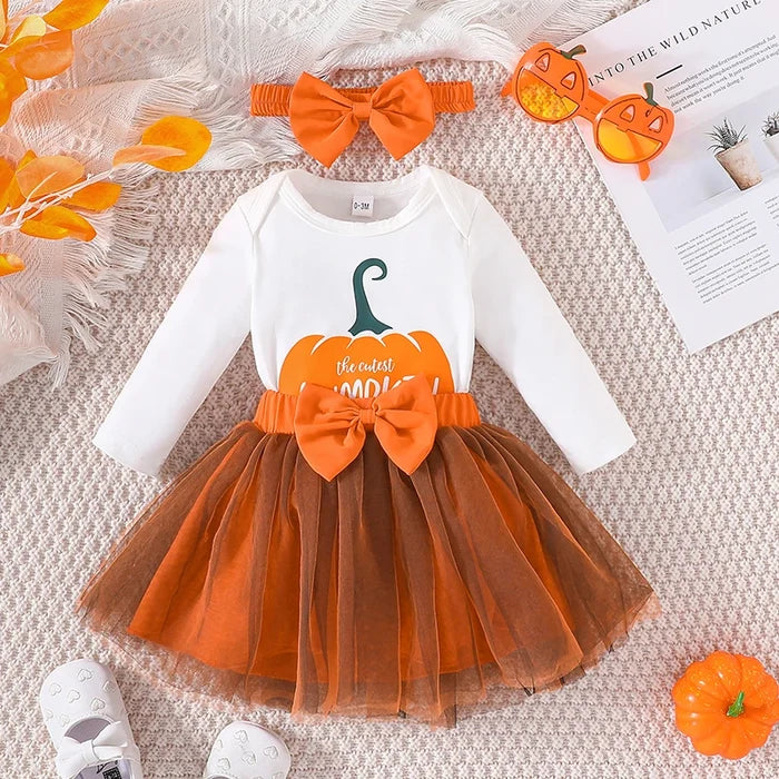 Baby Girl Halloween Outfit Set – Pumpkin Print Romper, Tulle Skirt & Headband (0–24M)