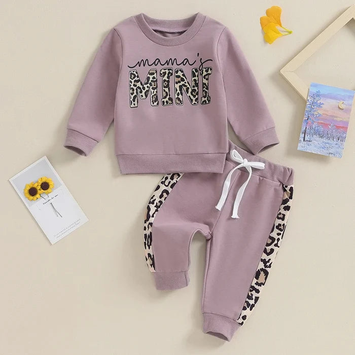 Baby Girl Leopard Print Outfit – 2PC Long Sleeve Pullover & Strap Pants Set (0–3Y)