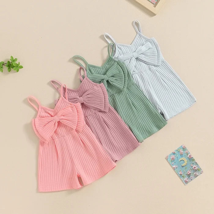 Baby Girl Ribbed Bow Romper – Sleeveless Summer Jumpsuit for Toddlers (6M–4Y)