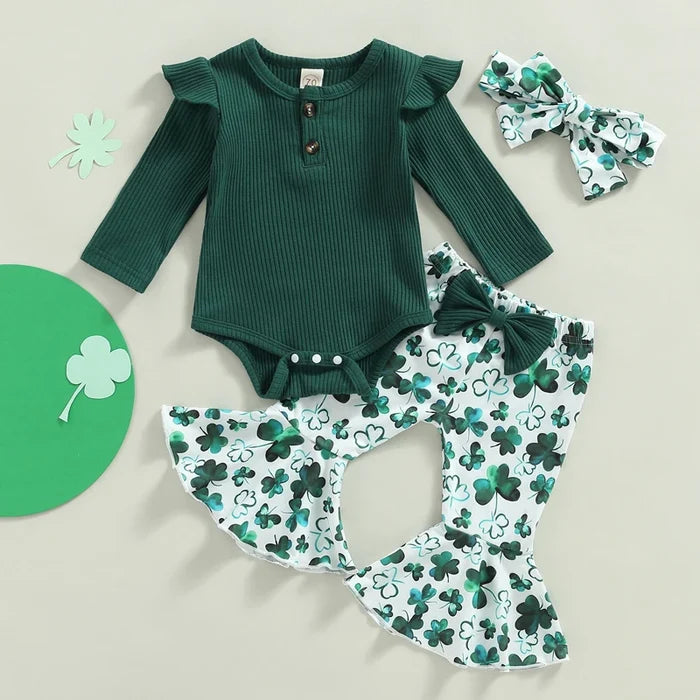Baby Girl St. Patrick’s Day Outfit – 0–18M Clover Print Flare Pants & Long Sleeve Romper Set