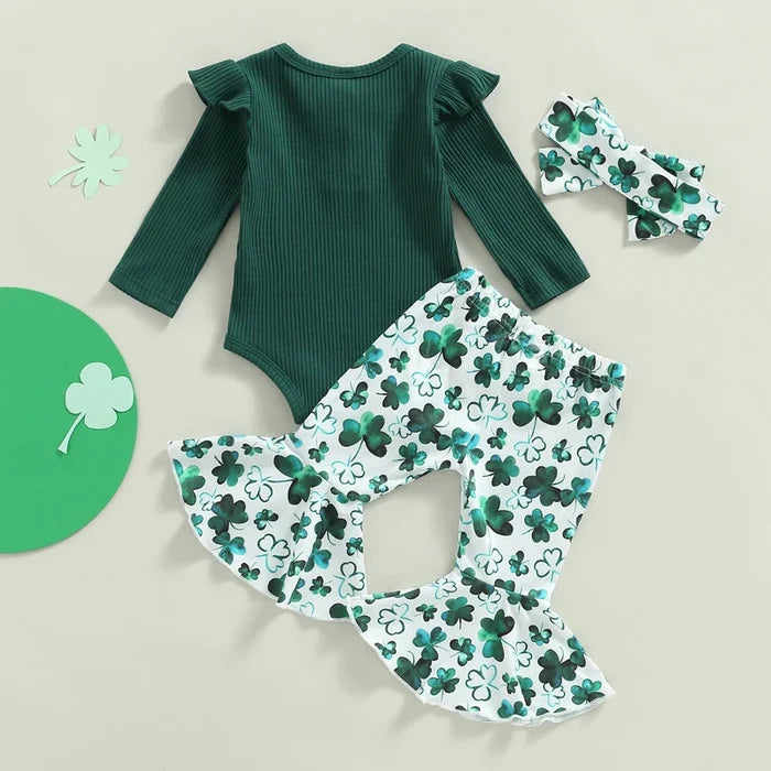 Baby Girl St. Patrick’s Day Outfit – 0–18M Clover Print Flare Pants & Long Sleeve Romper Set