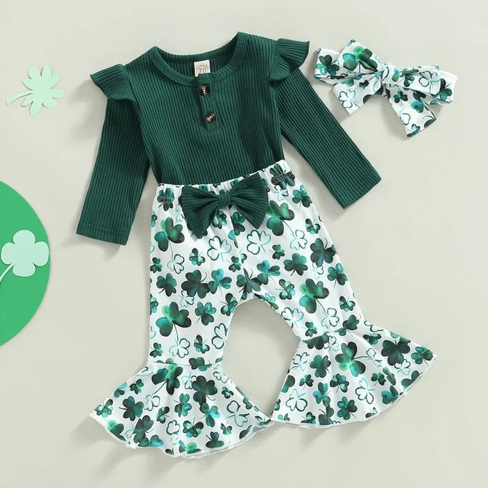 Baby Girl St. Patrick’s Day Outfit – 0–18M Clover Print Flare Pants & Long Sleeve Romper Set