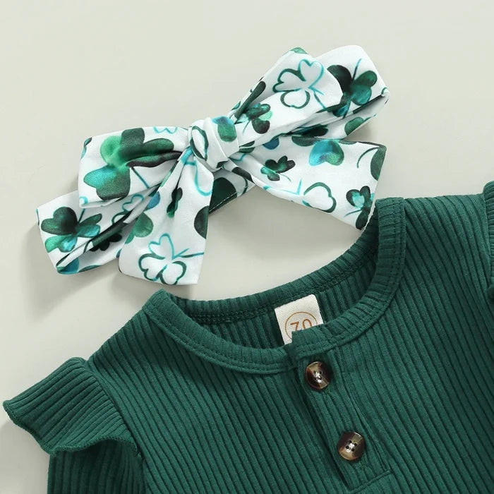 Baby Girl St. Patrick’s Day Outfit – 0–18M Clover Print Flare Pants & Long Sleeve Romper Set