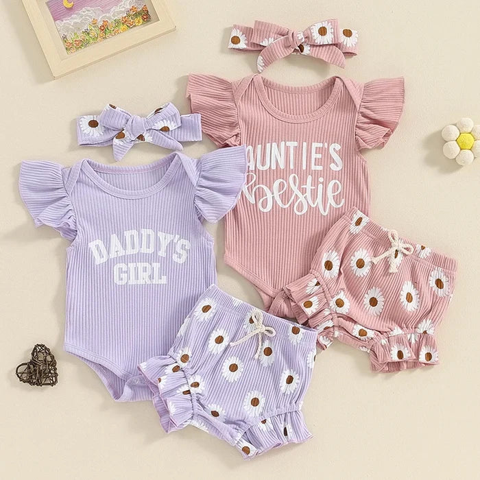 Baby Girl Summer Outfit Set – 3-Piece Flying Sleeve Romper, Floral Shorts & Headband (0–18M)