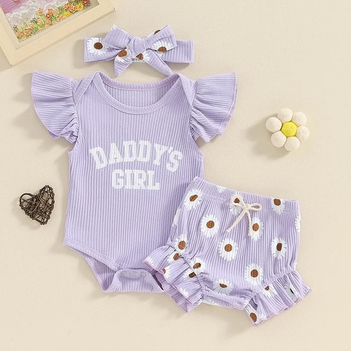 Baby Girl Summer Outfit Set – 3-Piece Flying Sleeve Romper, Floral Shorts & Headband (0–18M)