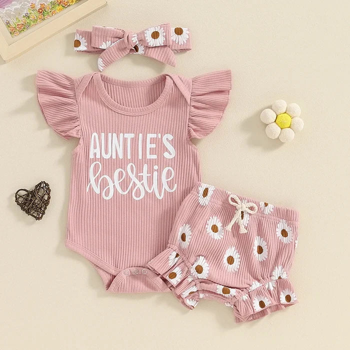 Baby Girl Summer Outfit Set – 3-Piece Flying Sleeve Romper, Floral Shorts & Headband (0–18M)
