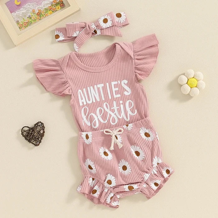 Baby Girl Summer Outfit Set – 3-Piece Flying Sleeve Romper, Floral Shorts & Headband (0–18M)